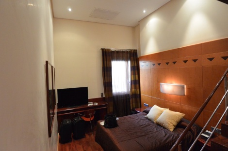 Sleeping area of a duplex room at Hotel Pau Claris, Barcelona, Spain.